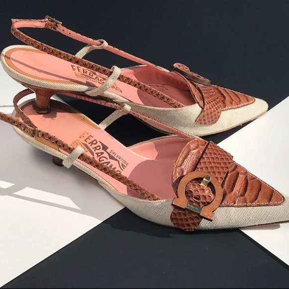 Ferragamo Snakeskin & Canvas Mules / Slingbacks - Picture 4 of 9